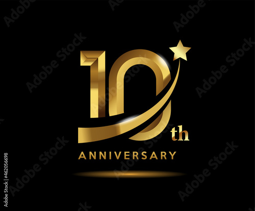 Golden 10 year anniversary celebration logo design with star symbol