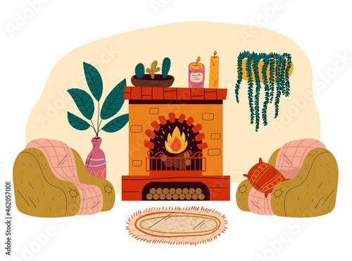 Living room with fireplace domestic home interior concept. Vector flat hand drawn illustration