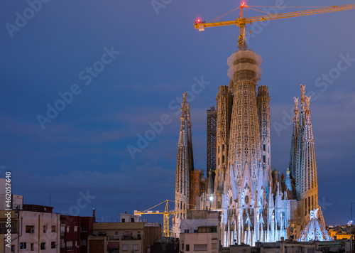 Night View of the Sagrada Familia Building at Night with mostly Clear skies © porqueno