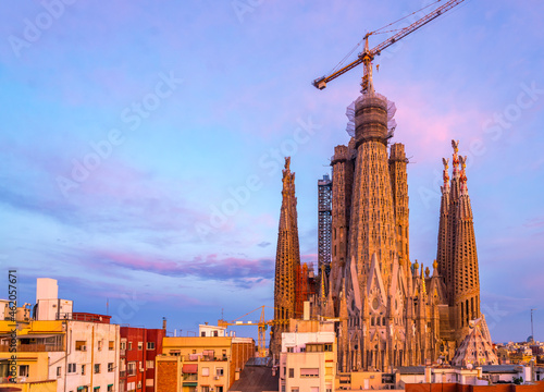 view of the Sagrada Familia After a Solorfull Sunset Skies © porqueno