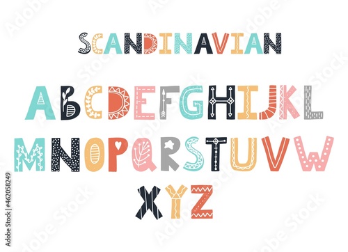 Scandinavian alphabet. Childish hand drawn font. Vector decorative letters
