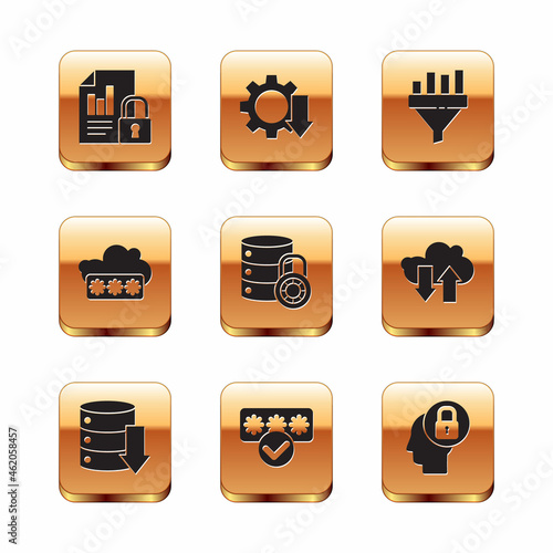 Set Document and lock, Server, Data, Web Hosting, Password protection, security with, Sales funnel chart, Human head and Cost reduction icon. Vector