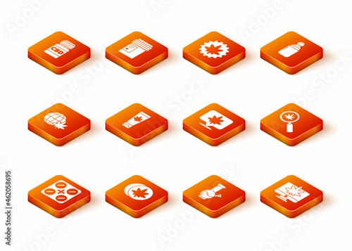 Set Medical pills with marijuana, Herbal ecstasy tablets, Legalize globe, cream, Glass bong for smoking, Location and cannabis, Monitor and Magnifying glass icon. Vector