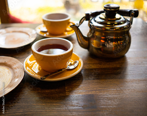 Tea set on the wooden table