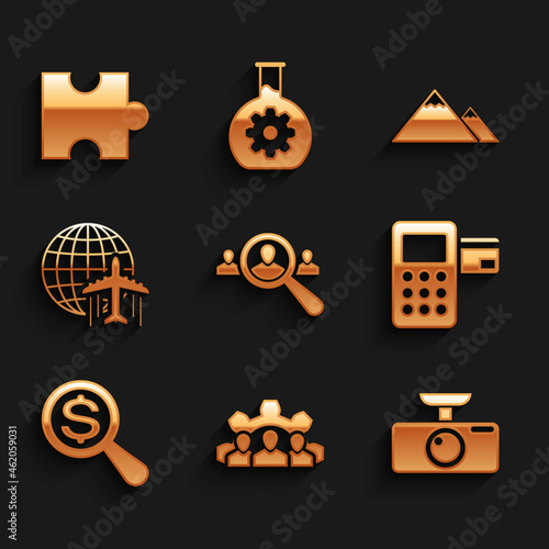 Set Magnifying glass for search people, Project team base, Car DVR, Pos terminal, and dollar and Globe with flying plane icon. Vector