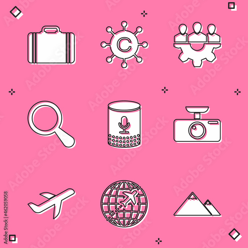 Set Suitcase for travel, Copywriting network, Project team base, Magnifying glass, Voice assistant and Car DVR icon. Vector