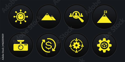 Set Car DVR, Mountains and flag, Return of investment, Outsourcing concept, Magnifying glass for search people and icon. Vector