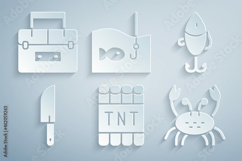 Set Detonate dynamite bomb stick, Fishing lure, Knife, Crab, hook with fish and Case container for wobbler icon. Vector