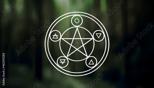 Pentagram ancient pagan symbol of five-pointed star isolated vector illustration on dark forest background