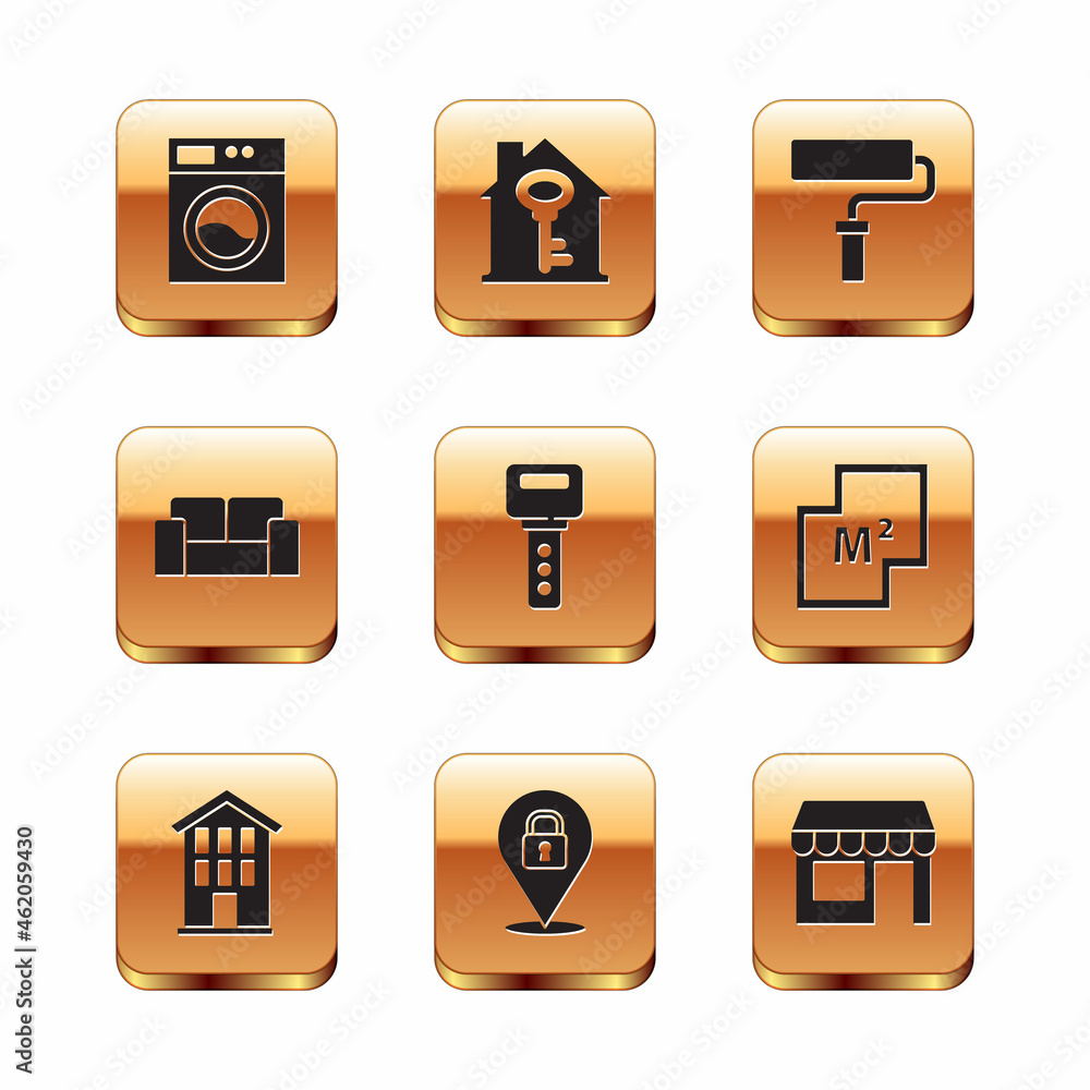 Set Washer, House, Location lock, key, Sofa, Paint roller brush, Market store and with icon. Vector Set Washer, House, Location lock, key, Sofa, Paint roller brush, Market store and with icon. Vector