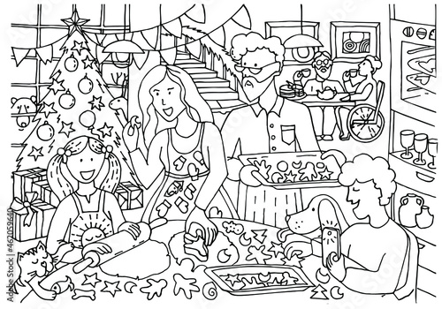 Coloring page. Happy family cooking in kitchen. Parents and children together bake cookies for Christmas. Son captures moments on the phone. Grandparents drink tea. Colouring book sketch vector