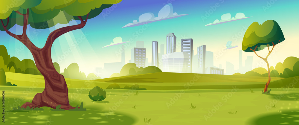 Summer glade with trees,bushes, hills.Sunny day, blue sky.Landscape with skyline cityscape house buildings on background - obrazy, fototapety, plakaty 