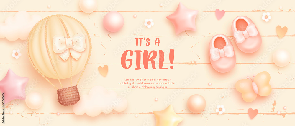 Baby shower horizontal banner with cartoon hot air balloon, shoes, helium balloons and flowers on pink background. It's a girl. Vector illustration