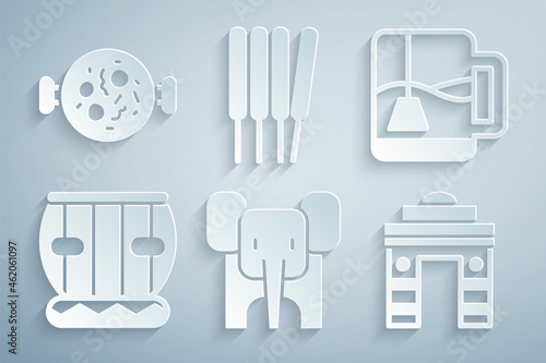 Set Elephant, Cup of tea with tea bag, Instrument tabla, India Gate in Delhi, Aroma sticks, incense and Chicken tikka masala icon. Vector
