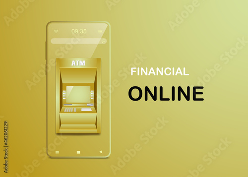 ATM machines on smartphones for financial concept design,vector 3d on gold background for produce online financial and investment media design