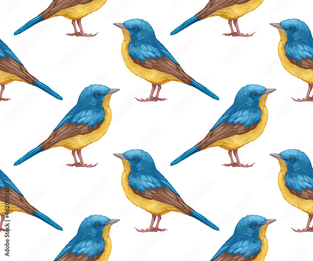 Seamless Pattern with hand-drawn Blue Flycatcher, digitally colored, vector Seamless Pattern with hand-drawn Blue Flycatcher, digitally colored, vector