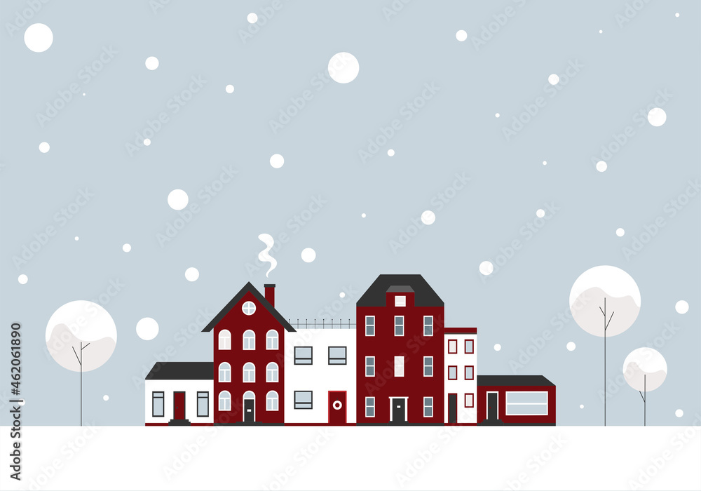 Winterlandschaft - Stadt versinkt im Schnee. Weihnachten, Vektor Hintergrund. Rot
