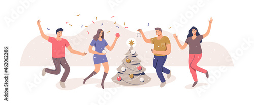Christmas tree decoration. Group people celebrate. Merry Christmas and Happy new year. Vector illustration.