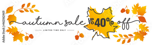 Autumn Sale up to 40 percent off handwritten typography lettering line design autumn color leafs on white background