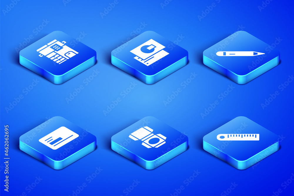Set Ruler, Copy machine, Carton cardboard box, Business, and Pencil with eraser icon. Vector Set Ruler, Copy machine, Carton cardboard box, Business, and Pencil with eraser icon. Vector