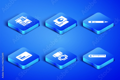 Set Ruler, Copy machine, Carton cardboard box, Business, and Pencil with eraser icon. Vector