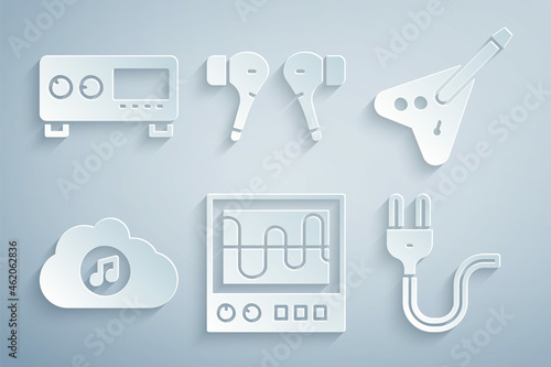 Set Oscilloscope, Electric bass guitar, Music streaming service, plug, Air headphones and Guitar amplifier icon. Vector