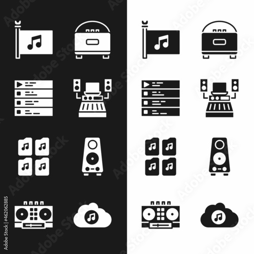 Set Music recording studio, playlist, festival flag, Stereo speaker, file document, streaming service and DJ remote and mixing music icon. Vector
