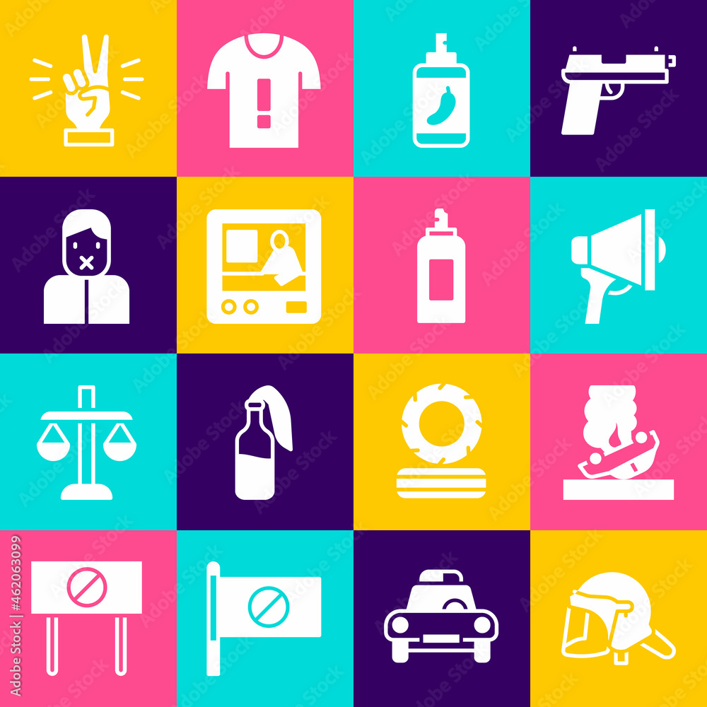 Set Police helmet, Burning car, Megaphone, Pepper spray, Television report, Censor and freedom of speech, Hand showing two finger and Paint can icon. Vector Set Police helmet, Burning car, Megaphone, Pepper spray, Television report, Censor and freedom of speech, Hand showing two finger and Paint can icon. Vector