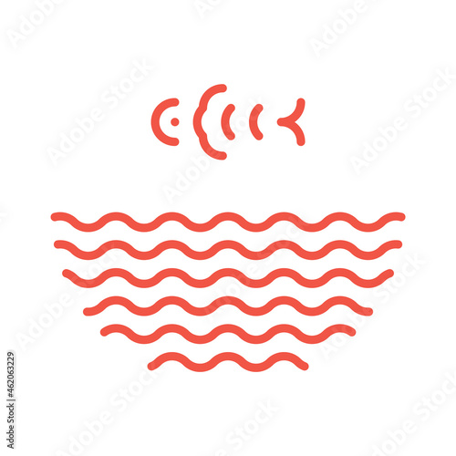 Fish jumping from water waves logo. Poke bowl logotype in linear style. Fish ramen noodles soup symbol isolated. Seafood icon for restaurant, food delivery, store, menu collection