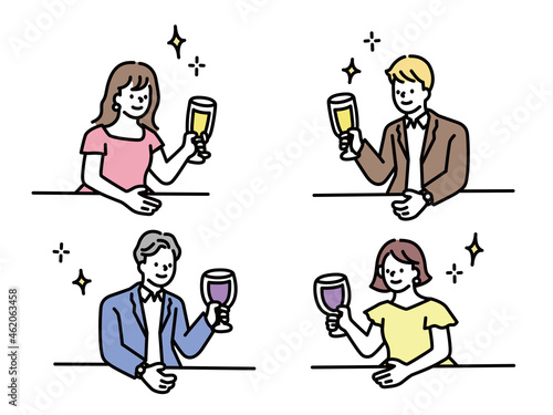 お酒を飲むイラスト(パーティー、乾杯、お祝い、合コン、お見合い、ディナー、カップル、夫婦、ワイン、記念日、オシャレ) Drinking illustration.Party, toast, celebration, gokon, matchmaking, dinner, couple, wine, anniversary, stylish.
