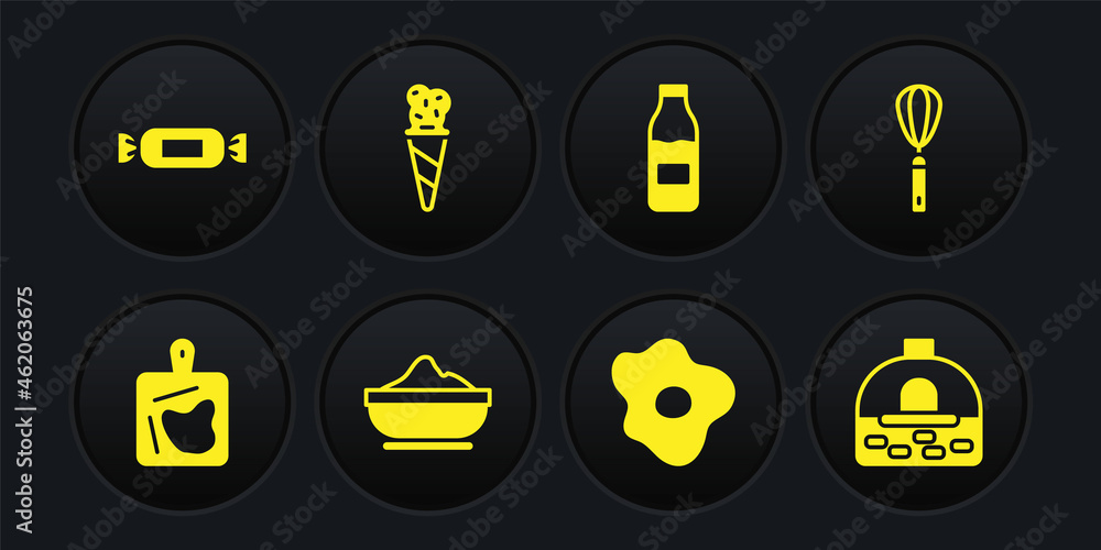 Set Cutting board, Kitchen whisk, Flour bowl, Scrambled eggs, Bottle with milk, Ice cream waffle cone, Brick stove and Candy icon. Vector Set Cutting board, Kitchen whisk, Flour bowl, Scrambled eggs, Bottle with milk, Ice cream waffle cone, Brick stove and Candy icon. Vector