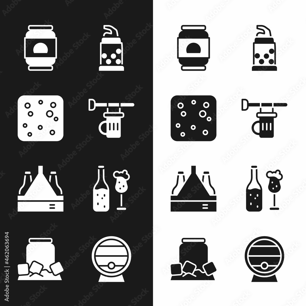 Set Signboard with glass of beer, Beer bubbles, can, Bottle opener, Pack bottles, and, Wooden barrel on rack and Cold icon. Vector Set Signboard with glass of beer, Beer bubbles, can, Bottle opener, Pack bottles, and, Wooden barrel on rack and Cold icon. Vector