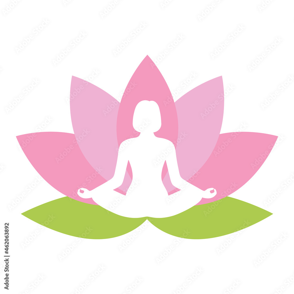 Illustration of a woman meditating on a pink lotus background Illustration of a woman meditating on a pink lotus background