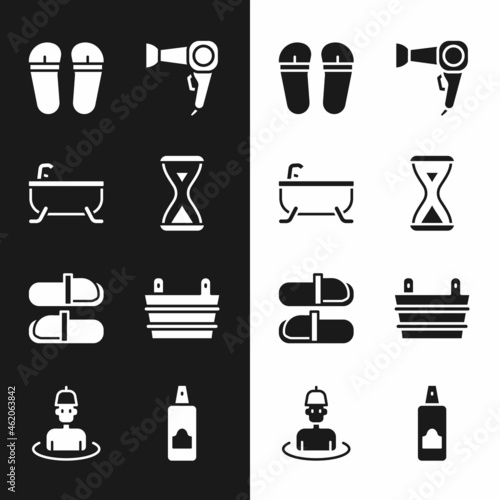 Set Sauna hourglass, Bathtub, Flip flops, Hair dryer, slippers, bucket, Spray can for hairspray and Man in the sauna icon. Vector