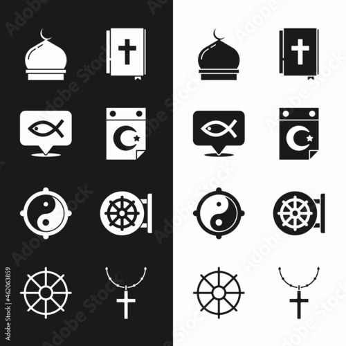 Set Star and crescent, Christian fish, Muslim Mosque, Holy bible book, Yin Yang, Dharma wheel, cross on chain and icon. Vector