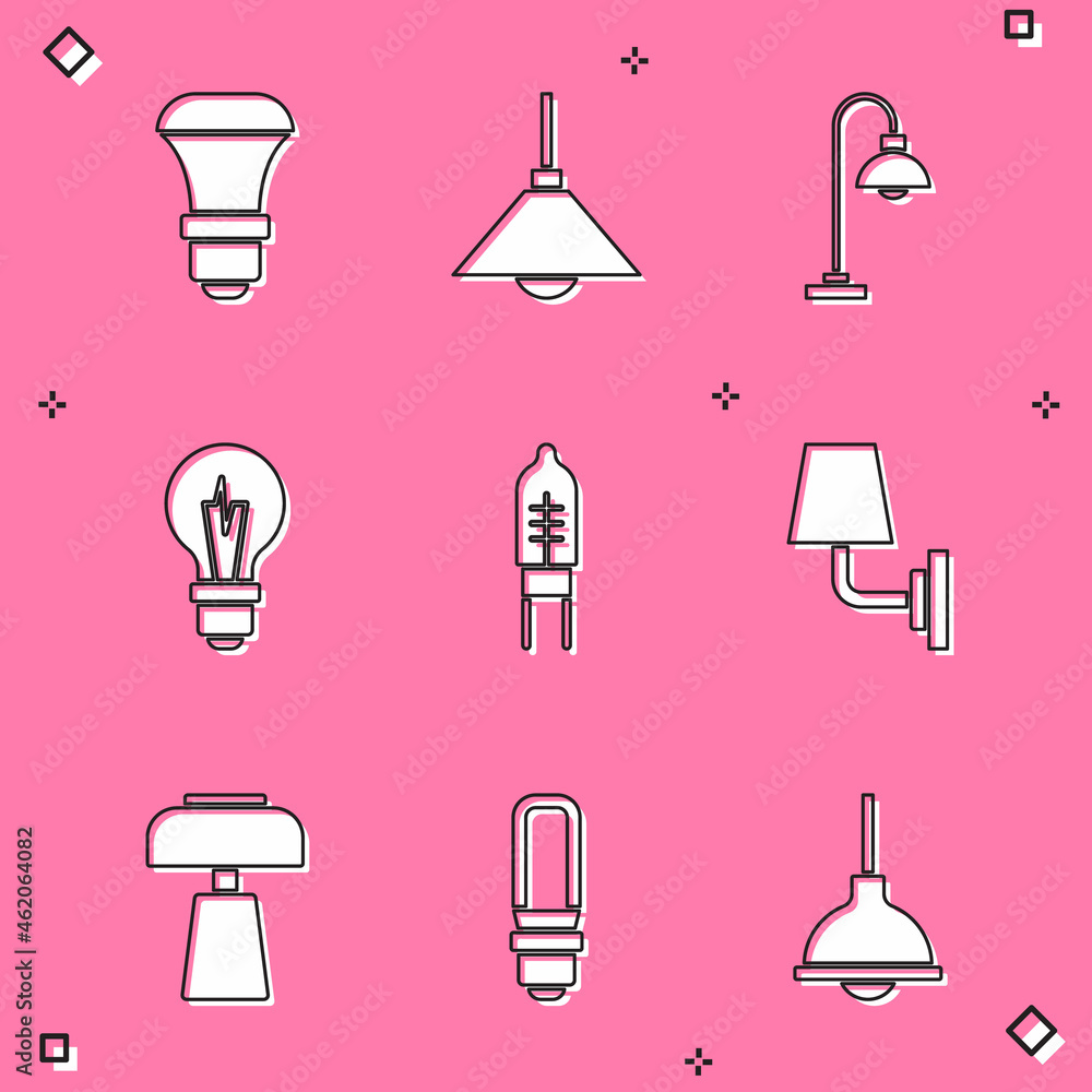 Set LED light bulb, Lamp hanging, Floor lamp, Light, emitting diode, Wall sconce, Table and icon. Vector Set LED light bulb, Lamp hanging, Floor lamp, Light, emitting diode, Wall sconce, Table and icon. Vector
