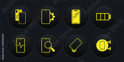 Set Phone repair service, Battery, Shockproof phone, Mobile with broken screen, and icon. Vector