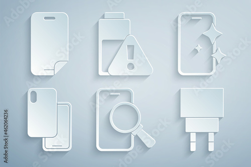 Set Phone repair service, Glass screen protector, Smartphone, Charger, battery charge and icon. Vector