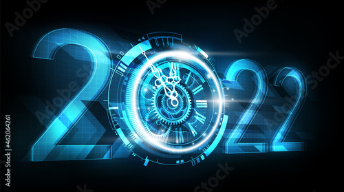 Happy New Year 2022 celebration with abstract digital clock perspective view on futuristic technology background, countdown concept, vector illustration