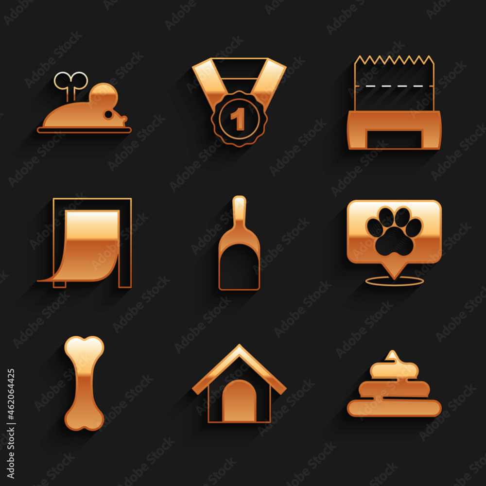 Set Dustpan, Dog house, Shit, Location veterinary hospital, bone, Door for pet, shit bag and Clockwork mouse icon. Vector Set Dustpan, Dog house, Shit, Location veterinary hospital, bone, Door for pet, shit bag and Clockwork mouse icon. Vector