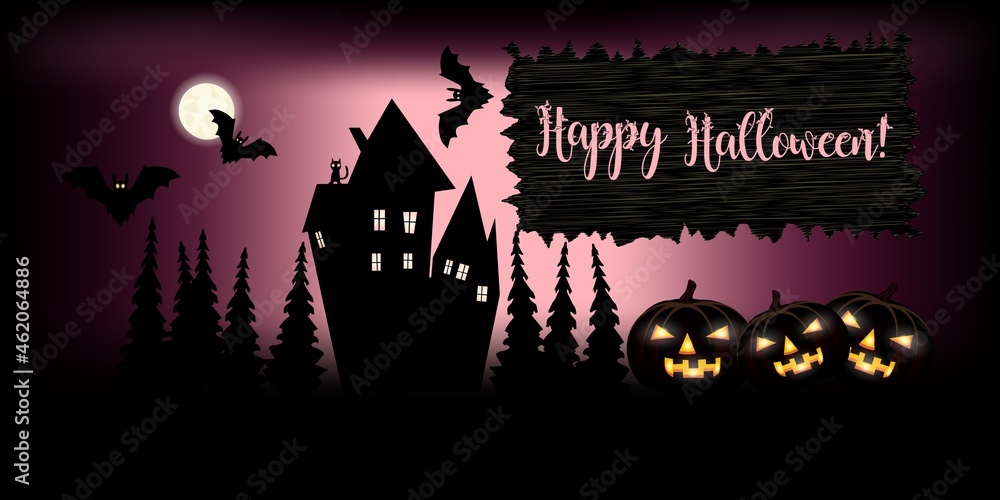 Halloween background, full moon over dark forest. Halloween template for your art with pumpkin, old houses. Vector art.