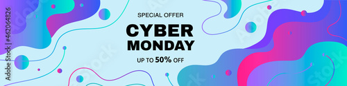 Modern background with abstract flowing elements and dynamic geometric shapes. Cyber monday sale discount. Final sale up to 50% off. Special offer. Banner, vector illustration.