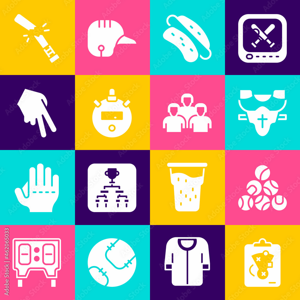 Set Planning strategy, Baseball ball, Player chest protector, Hotdog sandwich, Stopwatch, glove, Broken baseball bat and Team of players icon. Vector Set Planning strategy, Baseball ball, Player chest protector, Hotdog sandwich, Stopwatch, glove, Broken baseball bat and Team of players icon. Vector