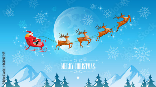 Merry Christmas and Happy New Year, Santa Claus drives sleigh with reindeer and the full moon sky on snowflake background, flat cartoon style, vector illustration