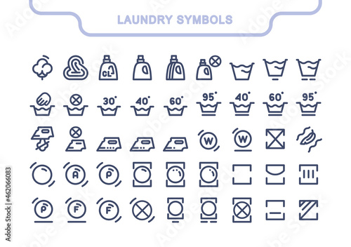 Simple laundry vector icons set, full collection. Laundry tag: drying, spinning, hand washing, delicate, ironing, rinsing, bleaching, water temperature, steaming.