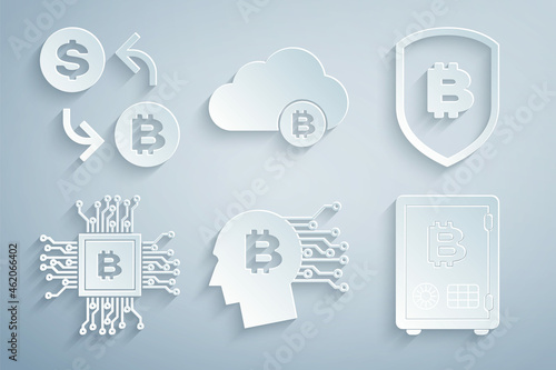Set Bitcoin think, Shield with bitcoin, CPU mining farm, Proof of stake, Cryptocurrency cloud and exchange icon. Vector