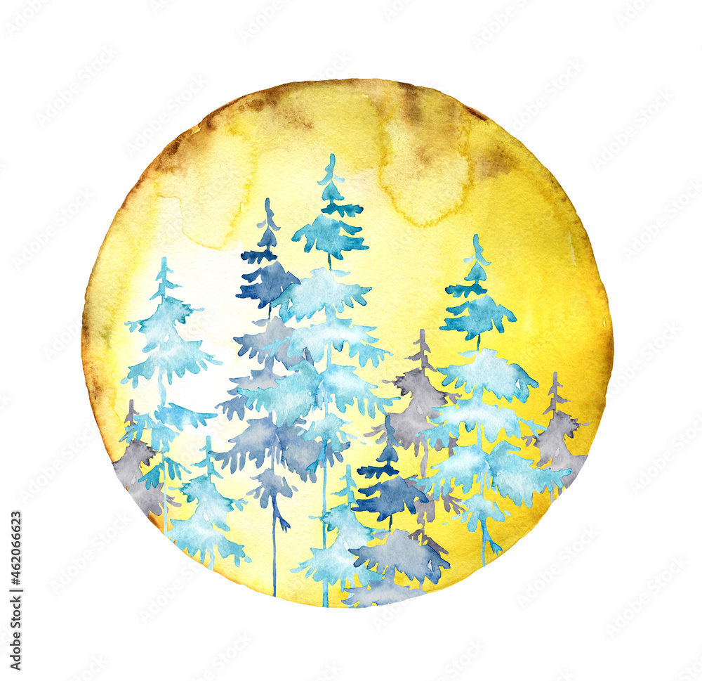 Earth, winter forest, tree, fur tree, pine watercolor illustration. Landscape, scenery, full moon, crescent arrangement