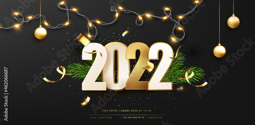Happy New Year 2022 background with Christmas light and decoration. Dark vector holiday greeting illustration.