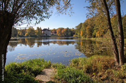 Palace and lake in Otwock Wielki, southeast of Warsaw, Mazovia, Poland