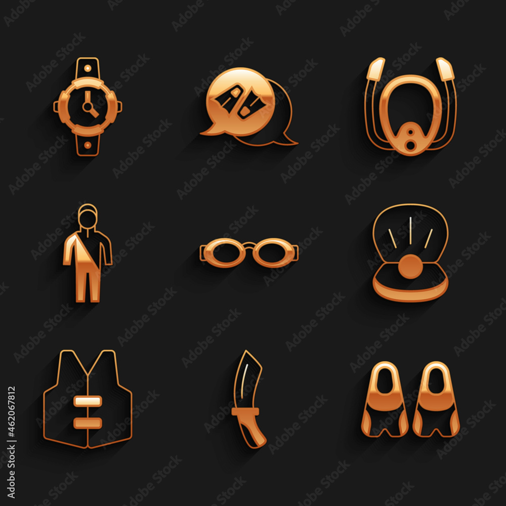 Set Glasses for swimming, Diving knife, Flippers, Pearl, Life jacket, Wetsuit scuba diving, mask with snorkel and watch icon. Vector